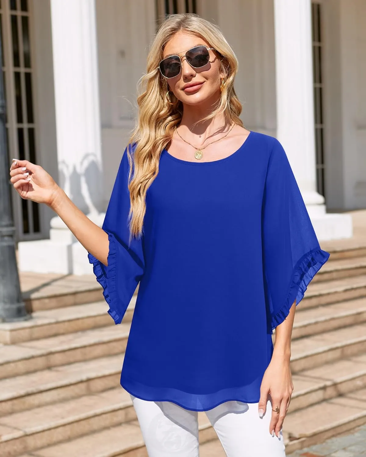 Women's 3/4 Ruffle Sleeve Blouse Tops Double Layers Flowy Shirts Elegant Chiffon Blouses