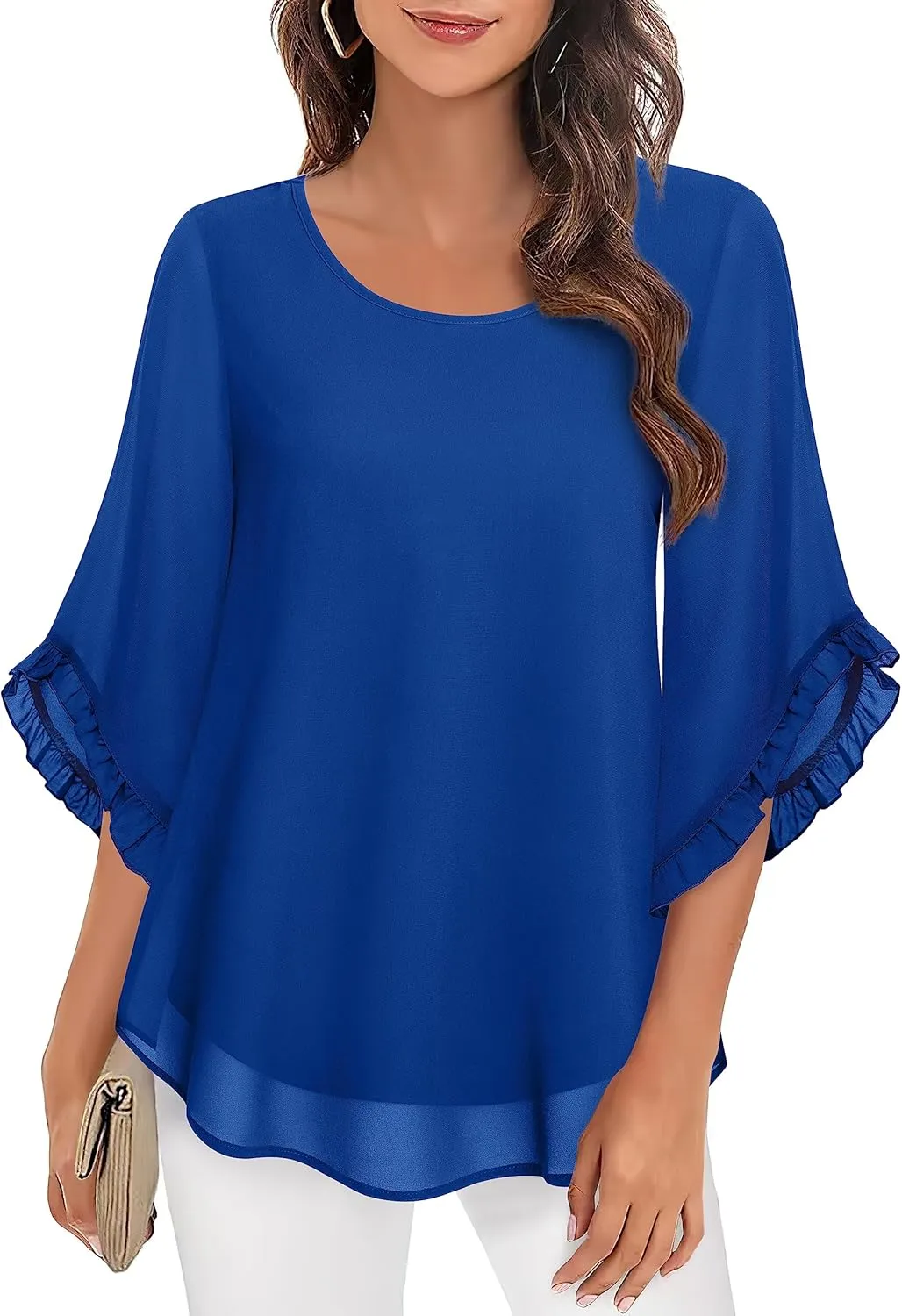 Women's 3/4 Ruffle Sleeve Blouse Tops Double Layers Flowy Shirts Elegant Chiffon Blouses