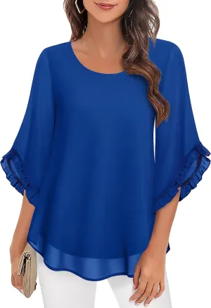 Women's 3/4 Ruffle Sleeve Blouse Tops Double Layers Flowy Shirts Elegant Chiffon Blouses