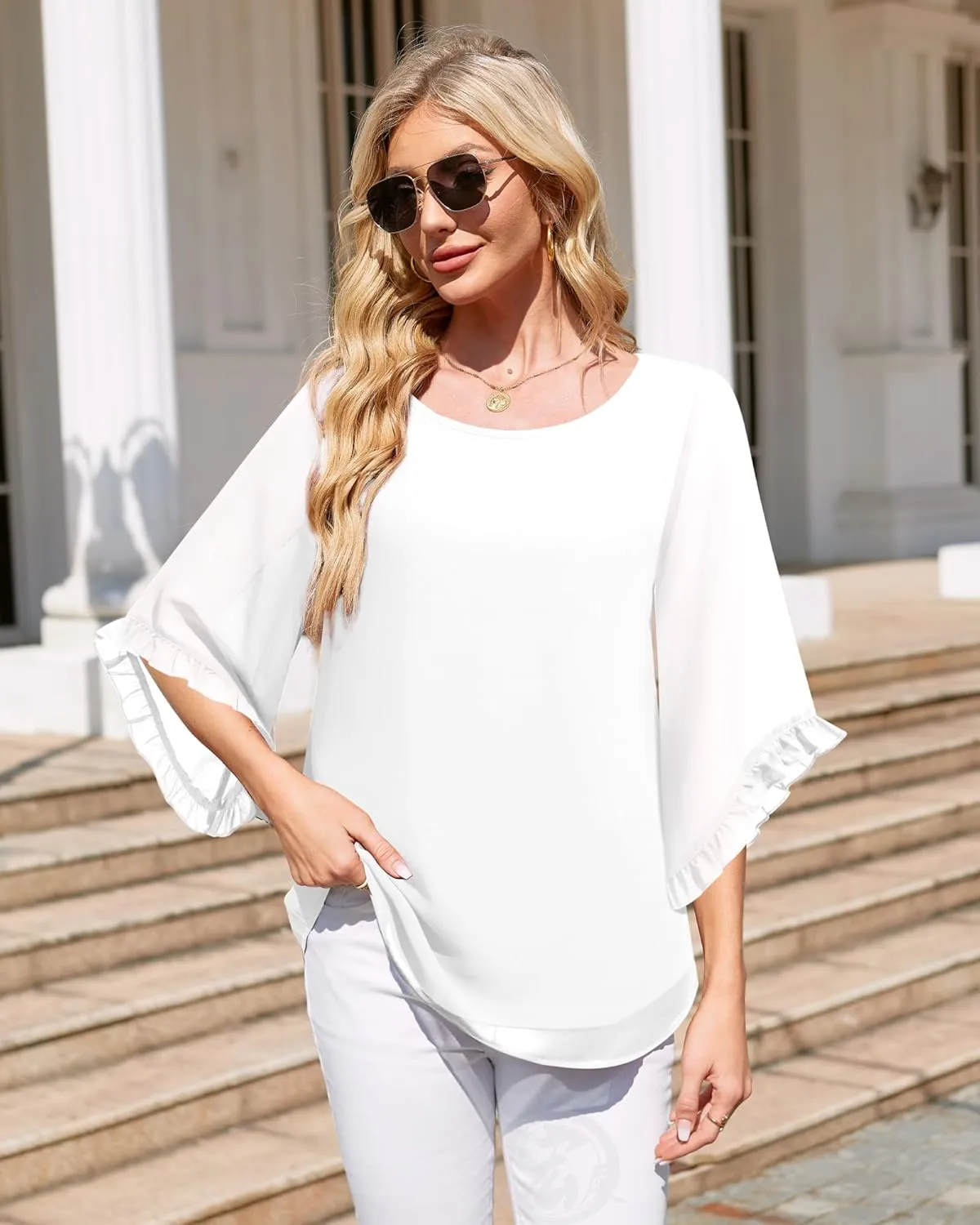 Women's 3/4 Ruffle Sleeve Blouse Tops Double Layers Flowy Shirts Elegant Chiffon Blouses
