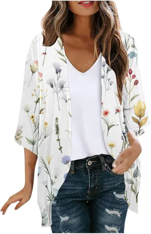 Womens Boho Kimono Cardigans Loose Floral Print Cover Up Chiffon Beach Wear Swimsuit Summer Puff Sleeve Blouse Tops