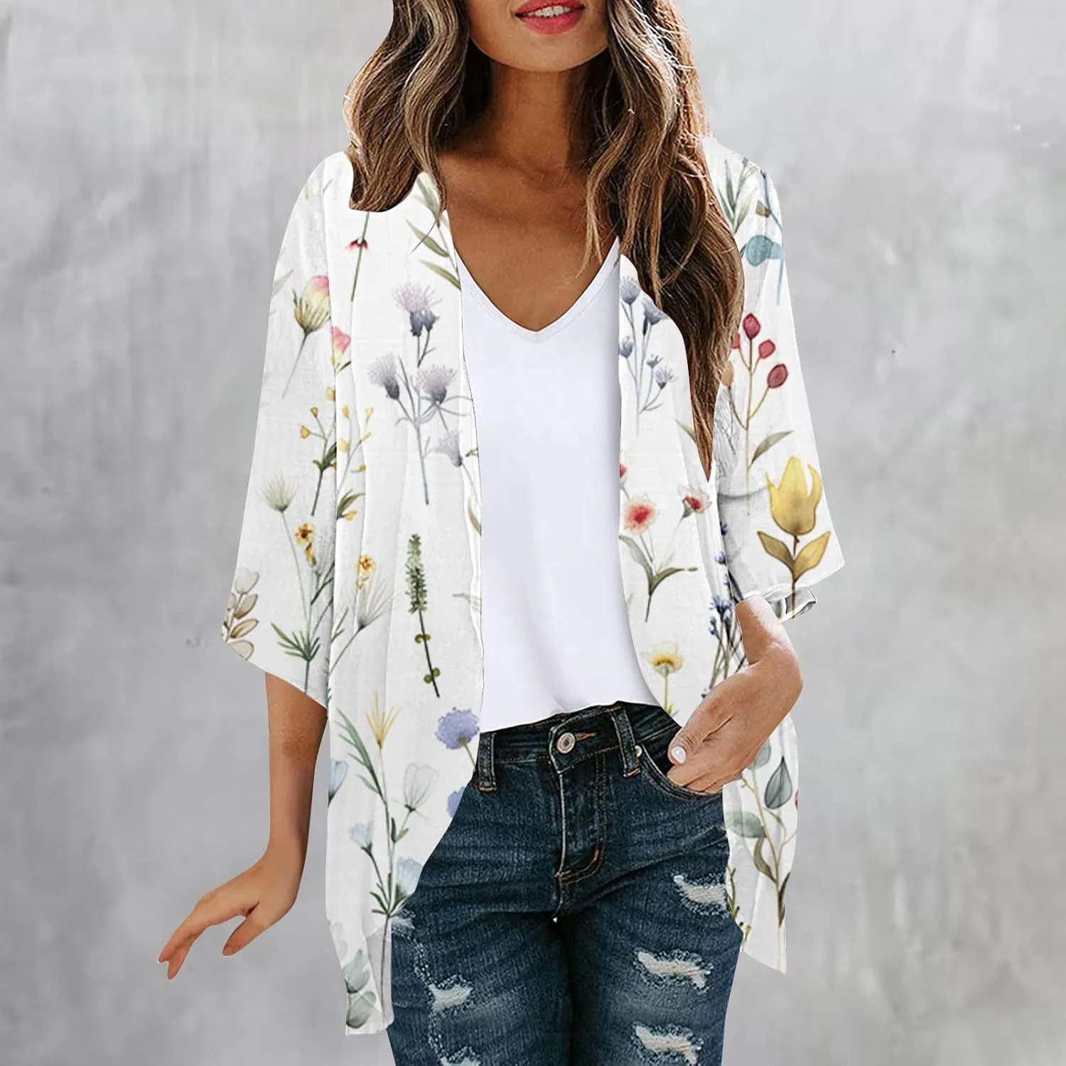 Womens Boho Kimono Cardigans Loose Floral Print Cover Up Chiffon Beach Wear Swimsuit Summer Puff Sleeve Blouse Tops
