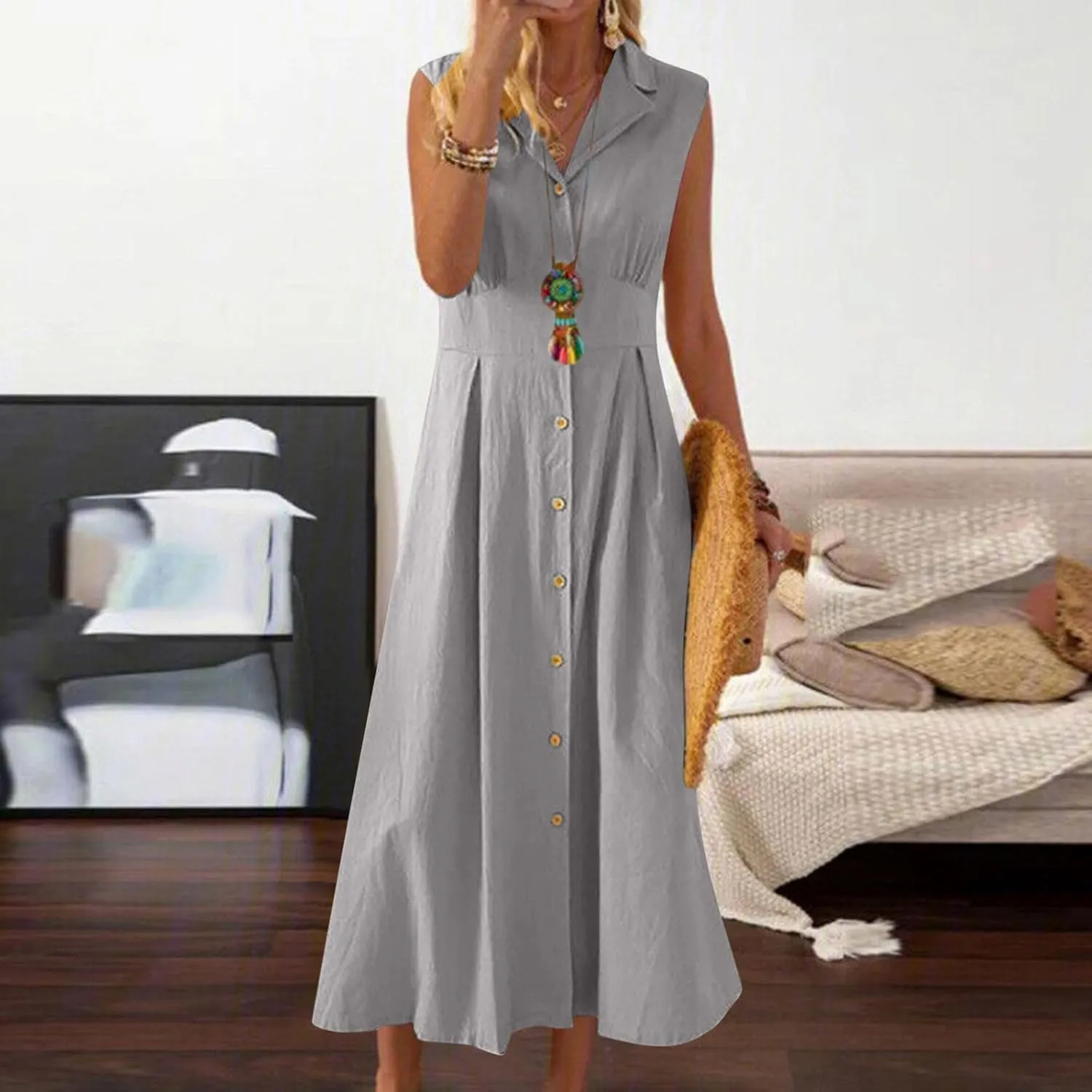 Womens Cotton Linen Button Down Shirt Dress Sleeveless Business Casual Collared Work Dresses Summer Clothes Outfits