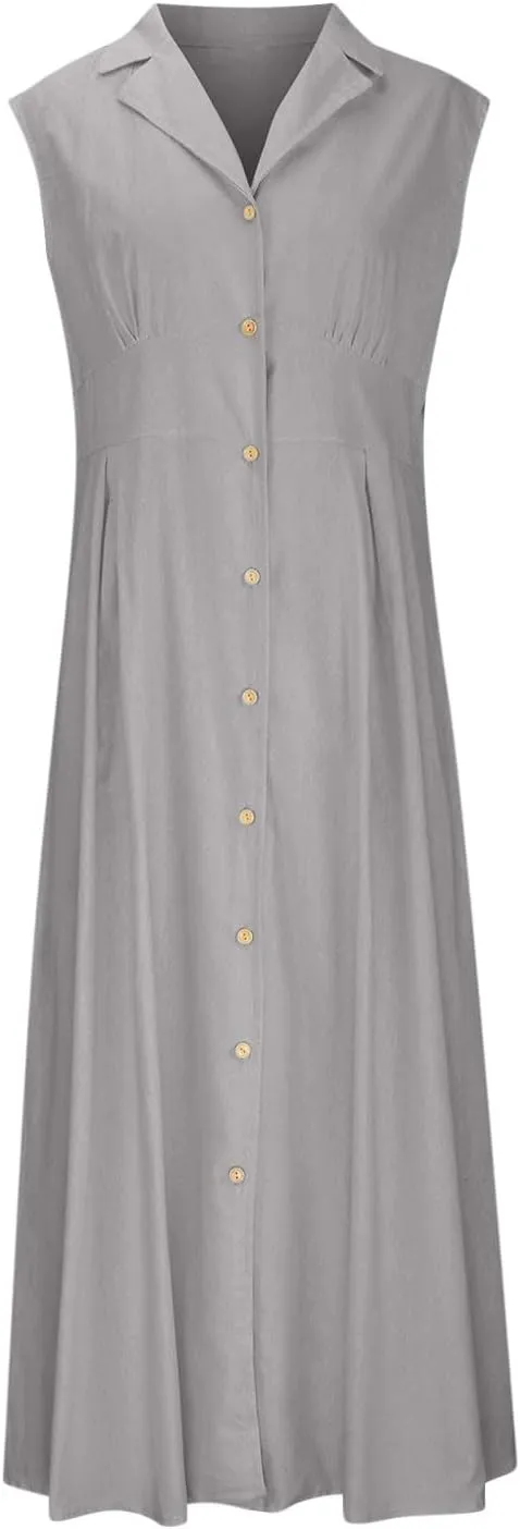 Womens Cotton Linen Button Down Shirt Dress Sleeveless Business Casual Collared Work Dresses Summer Clothes Outfits