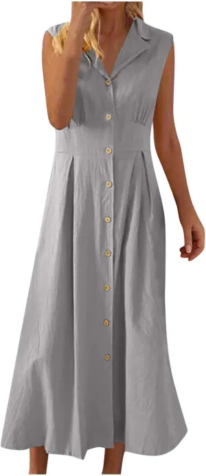 Womens Cotton Linen Button Down Shirt Dress Sleeveless Business Casual Collared Work Dresses Summer Clothes Outfits
