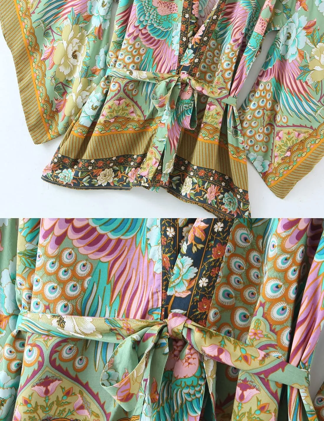 Women's Kimono Boho Floral Peacock Print Open Kimono Cardigan Swimwear Cover Ups