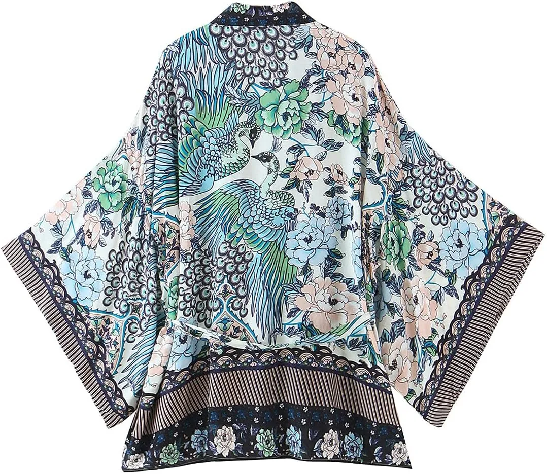 Women's Kimono Boho Floral Peacock Print Open Kimono Cardigan Swimwear Cover Ups
