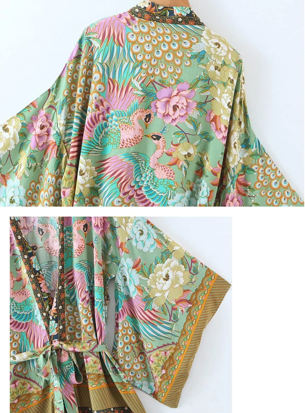 Women's Kimono Boho Floral Peacock Print Open Kimono Cardigan Swimwear Cover Ups