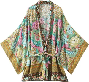 Women's Kimono Boho Floral Peacock Print Open Kimono Cardigan Swimwear Cover Ups