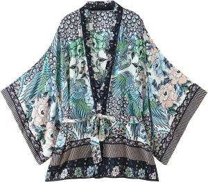 Women's Kimono Boho Floral Peacock Print Open Kimono Cardigan Swimwear Cover Ups