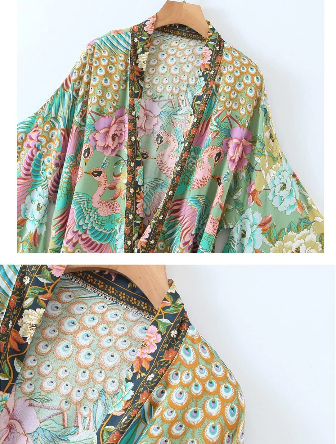 Women's Kimono Boho Floral Peacock Print Open Kimono Cardigan Swimwear Cover Ups