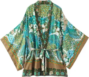 Women's Kimono Boho Floral Peacock Print Open Kimono Cardigan Swimwear Cover Ups