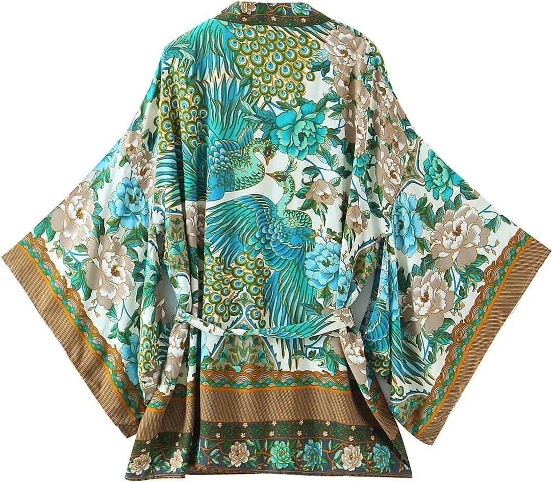 Women's Kimono Boho Floral Peacock Print Open Kimono Cardigan Swimwear Cover Ups