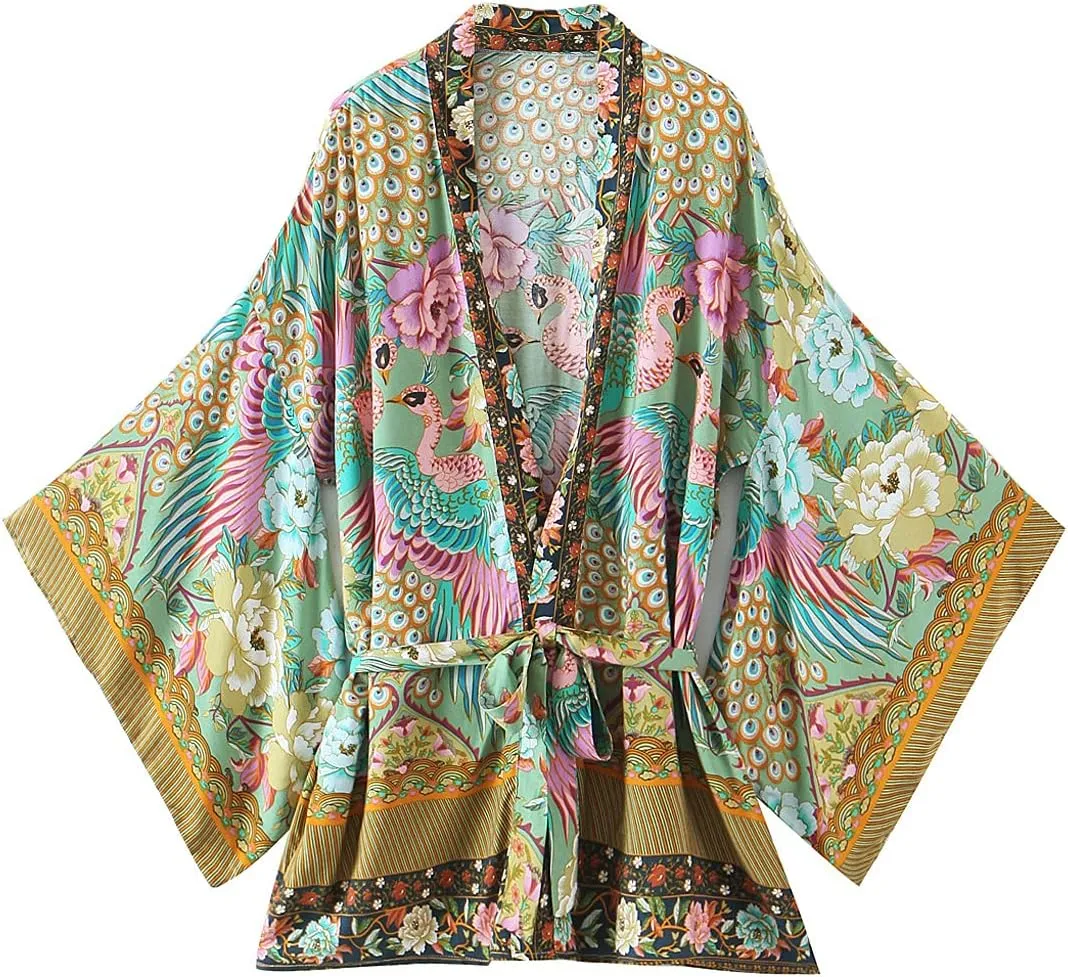 Women's Kimono Boho Floral Peacock Print Open Kimono Cardigan Swimwear Cover Ups