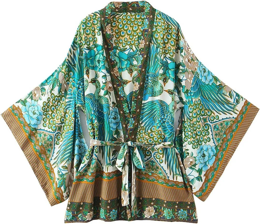 Women's Kimono Boho Floral Peacock Print Open Kimono Cardigan Swimwear Cover Ups