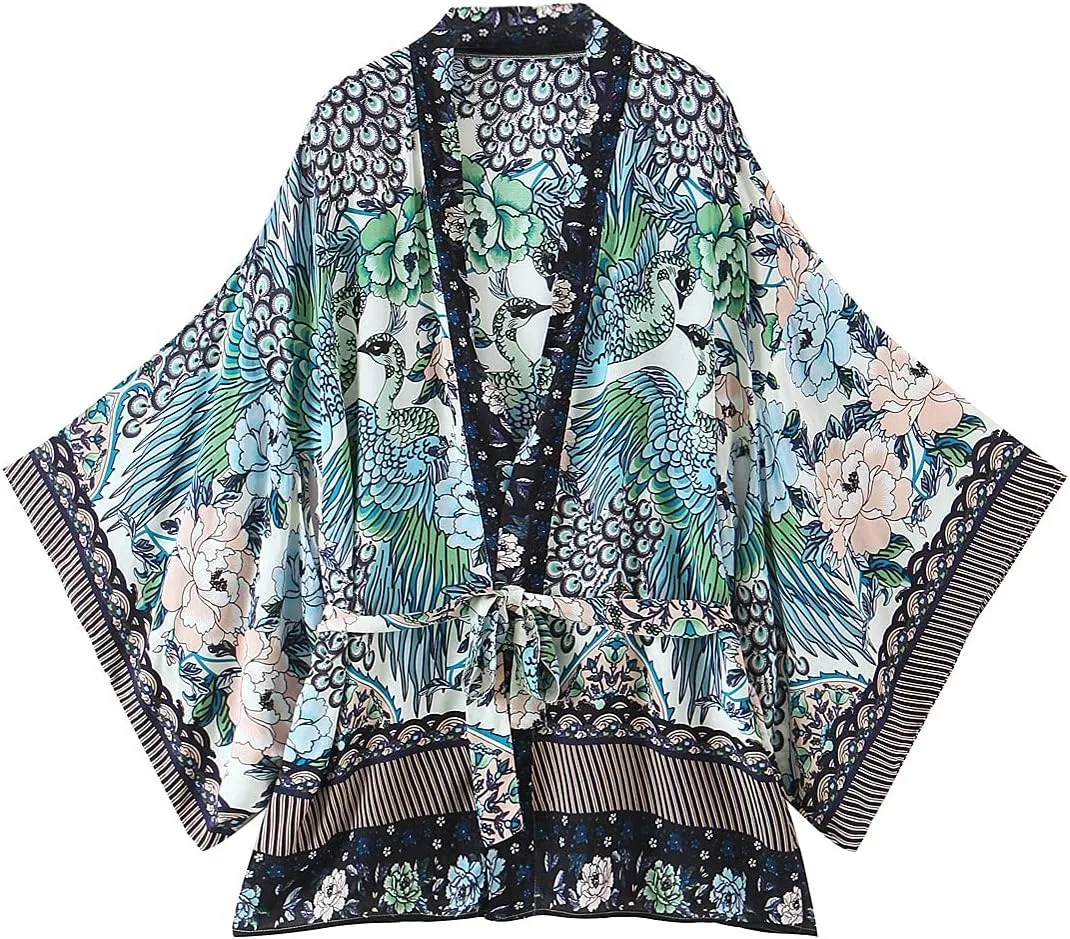 Women's Kimono Boho Floral Peacock Print Open Kimono Cardigan Swimwear Cover Ups