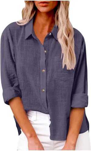 Women's Linen Shirt 2024 Fall Casual Loose Long Sleeve V Neck Blouses Cotton Linen Going Out Vintage Long Sleeve