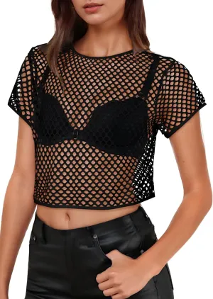 Womens Sheer Mesh Top Fishnet T Shirts Short Sleeve See Through Casual Crop Tops(Black,XL)