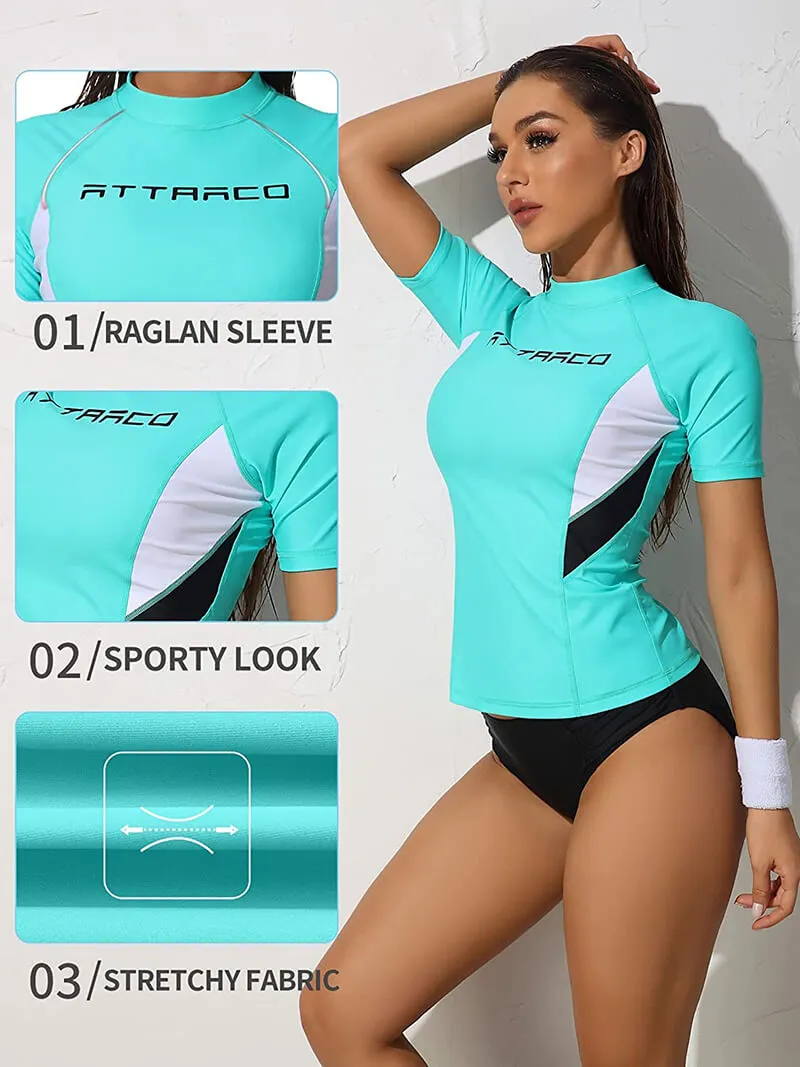 Women's Surfing Crew Neck Rashguard Swimwear with Short Sleeves - SF0495