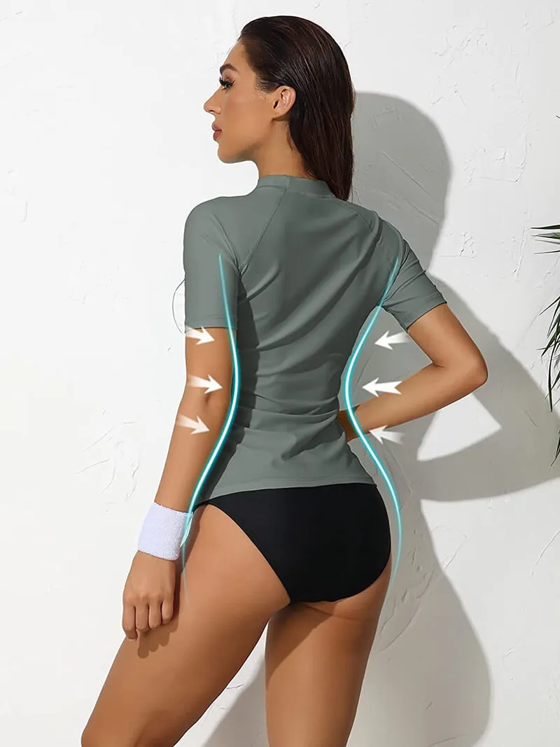 Women's Surfing Crew Neck Rashguard Swimwear with Short Sleeves - SF0495