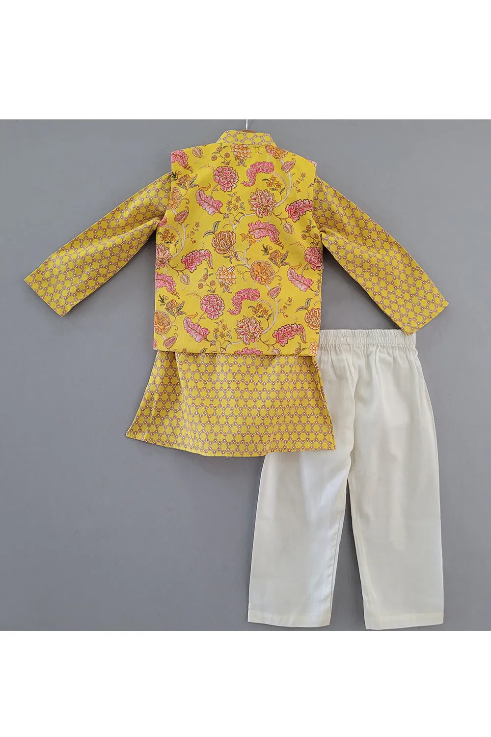 Yellow Printed Kurta With Floral Printed Jacket Set