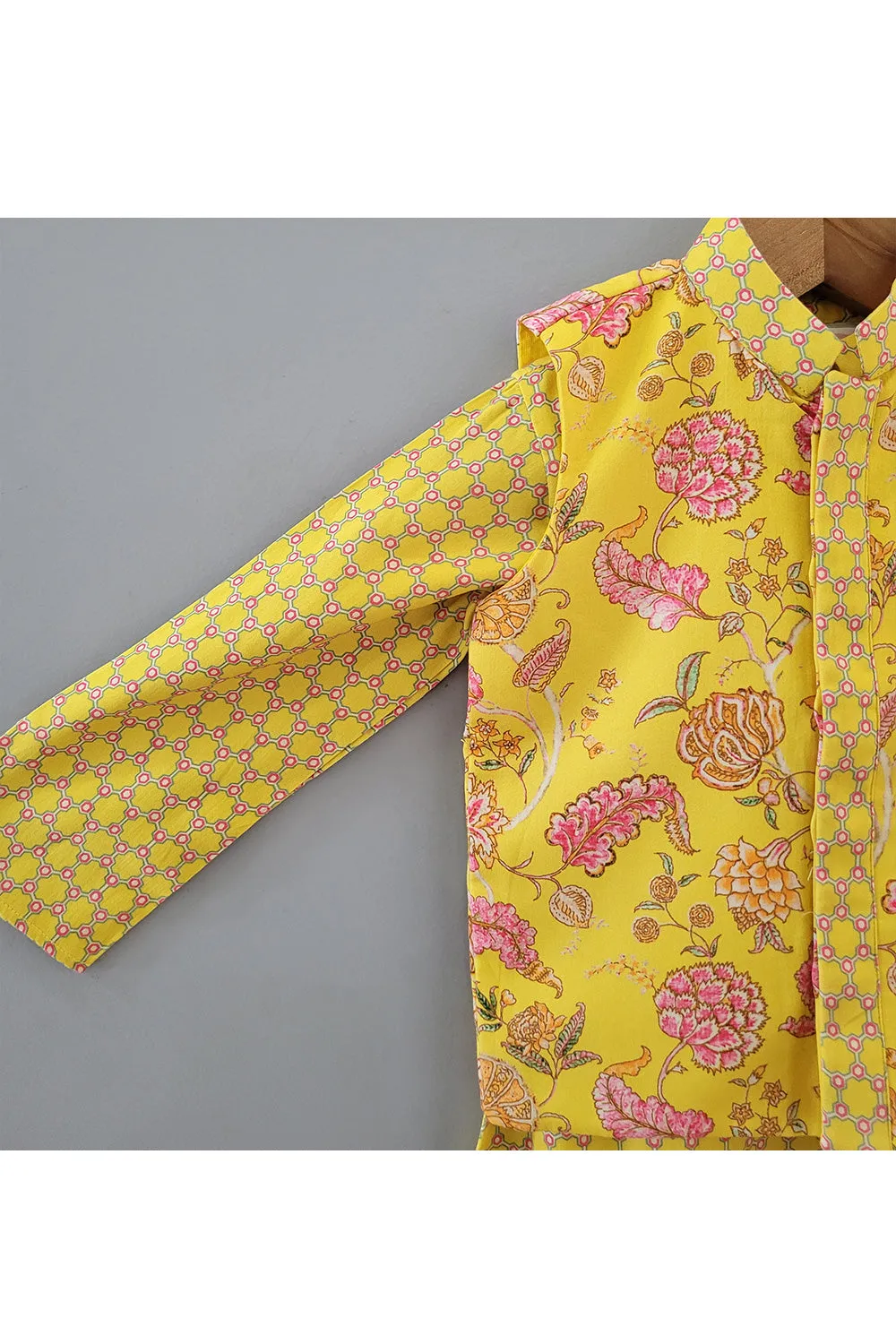 Yellow Printed Kurta With Floral Printed Jacket Set
