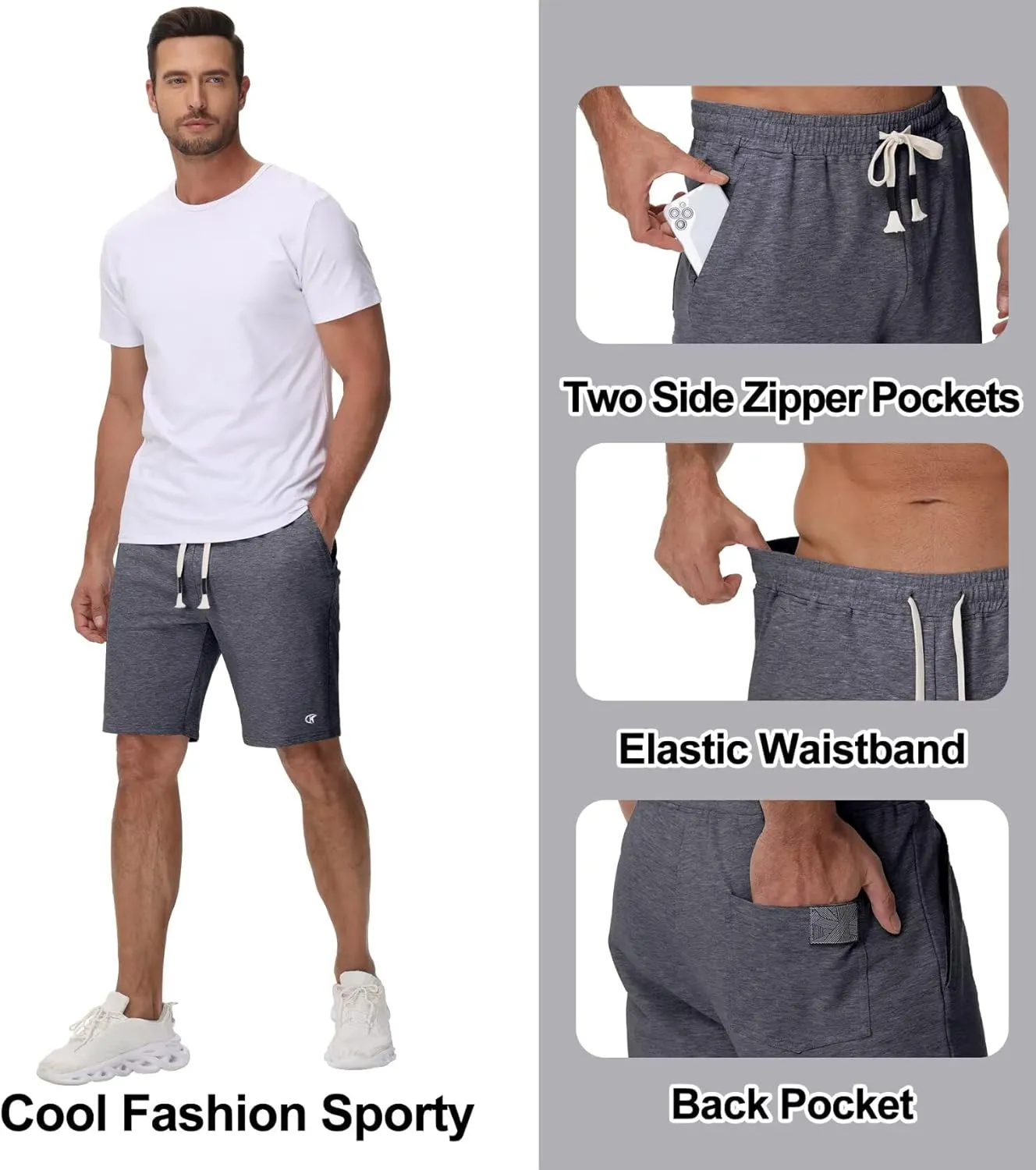 Yundobop Mens Casual Shorts Cotton Drawstring Summer Athletic Shorts with Zipper Pockets